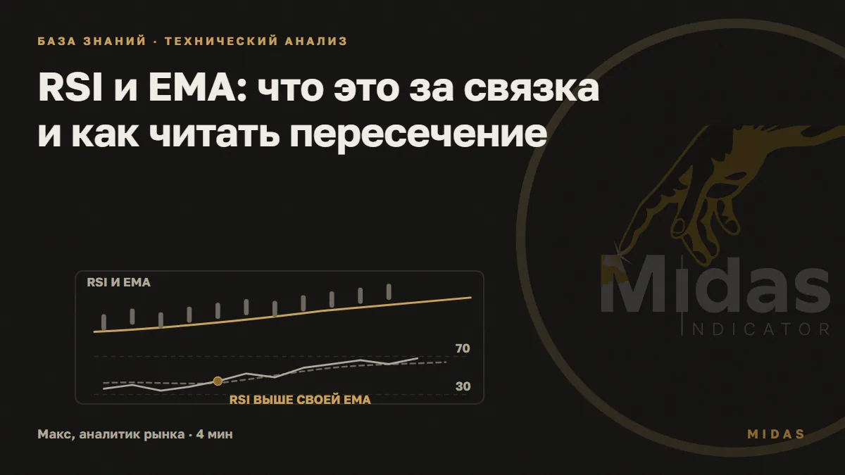 Обложка статьи «RSI и EMA: что это за связка и как читать пересечение»: Сверху цена над золотой EMA, снизу линия RSI пересекает свою пунктирную среднюю между уровнями 30 и 70, золотая точка отмечает пересечение.