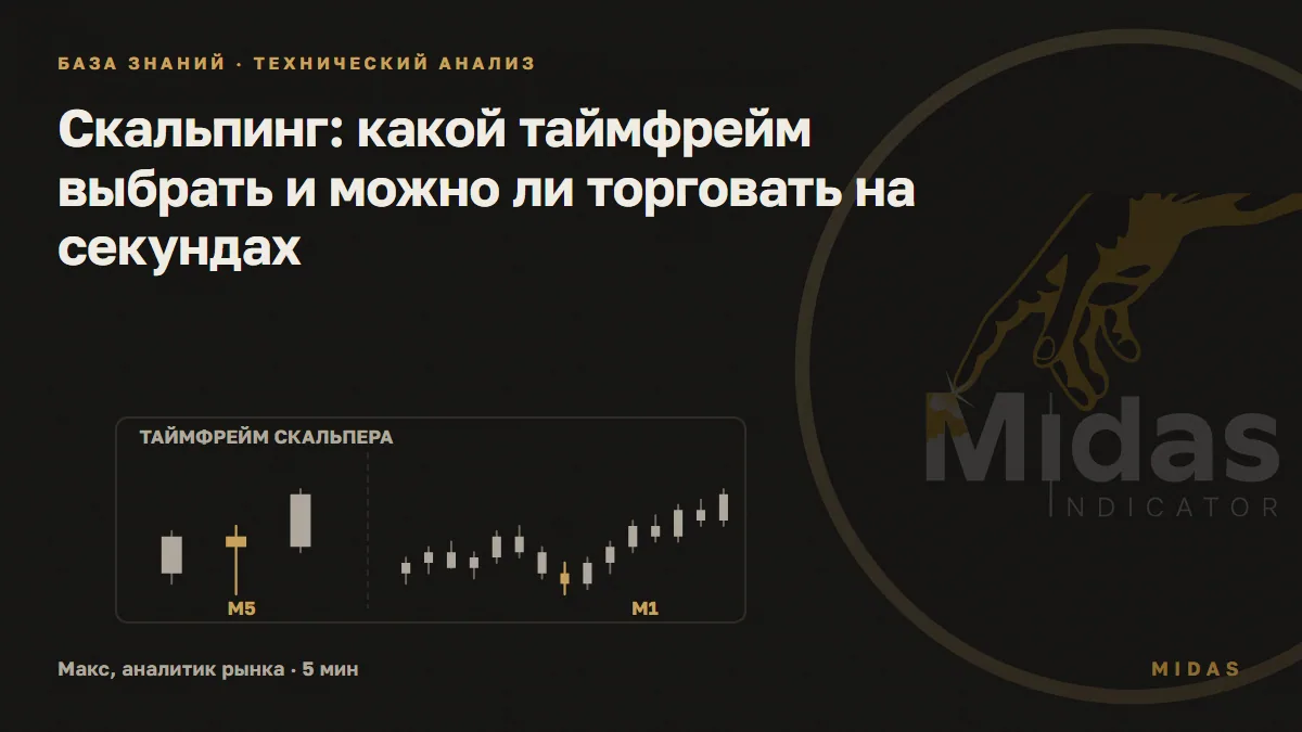 Обложка статьи «Скальпинг: какой таймфрейм выбрать и можно ли торговать на секундах»: Слева три пятиминутные свечи, справа те же пятнадцать минут минутными свечами; золотом выделены вторая свеча M5 и минута с просадкой внутри неё.