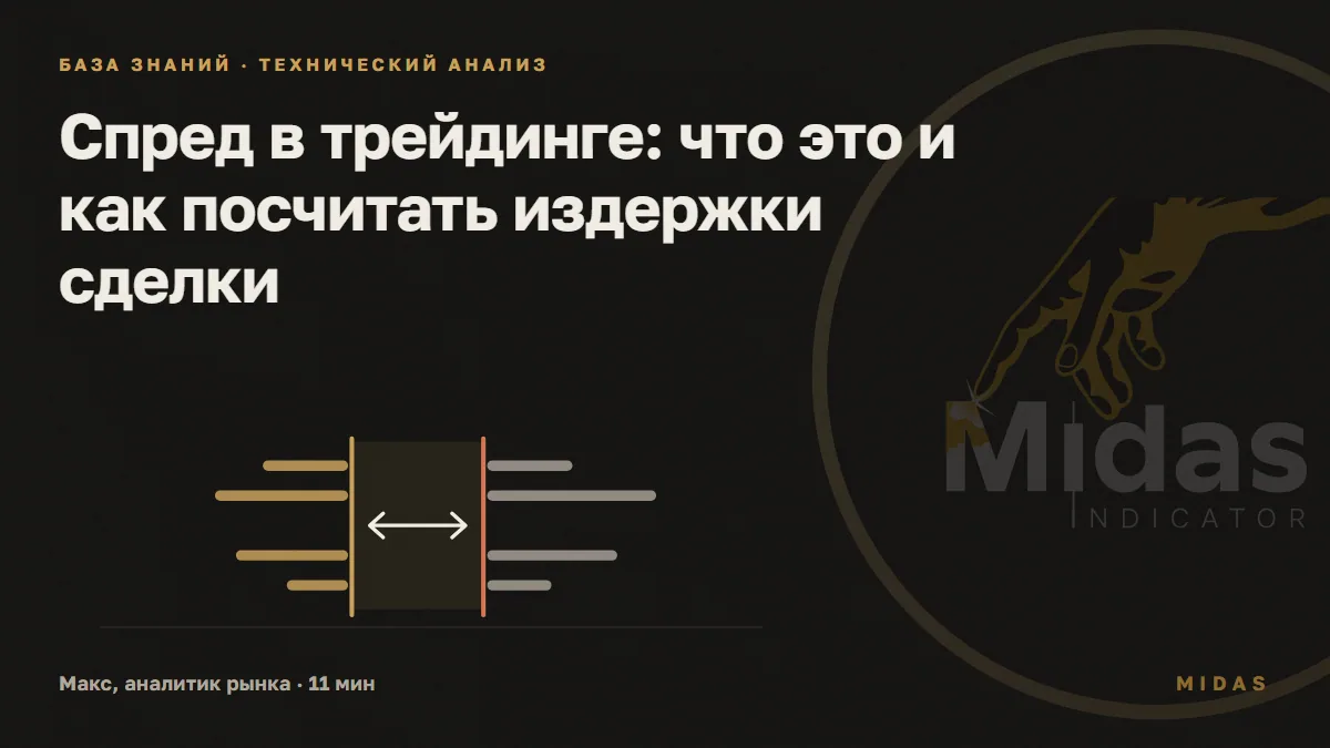 Обложка статьи «Спред в трейдинге: что это и как посчитать издержки сделки»: две стены заявок по сторонам пустого промежутка: слева золотые полосы цен покупки, справа серые полосы цен продажи, между ними подсвеченный разрыв со стрелкой; учебная схема без котировок