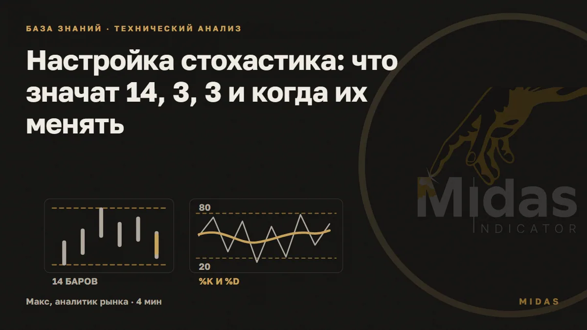 Обложка статьи «Настройка стохастика: что значат 14, 3, 3 и когда их менять»: Слева окно из баров с пунктиром максимума и минимума, справа рваная быстрая линия и плавная золотая сглаженная линия между уровнями 80 и 20.