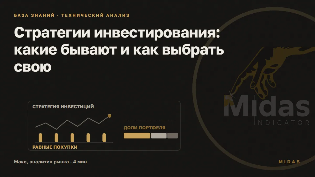 Обложка статьи «Стратегии инвестирования: какие бывают и как выбрать свою»: Волнистая линия цены над пятью одинаковыми золотыми столбиками регулярных покупок, справа полоса портфеля разделена на три доли разного цвета.