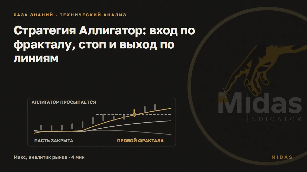 Обложка статьи «Стратегия Аллигатор: вход по фракталу, стоп и выход по линиям»: Слева три линии Аллигатора переплетены, справа пасть открывается, золотая точка отмечает пробой максимума фрактала над пастью.