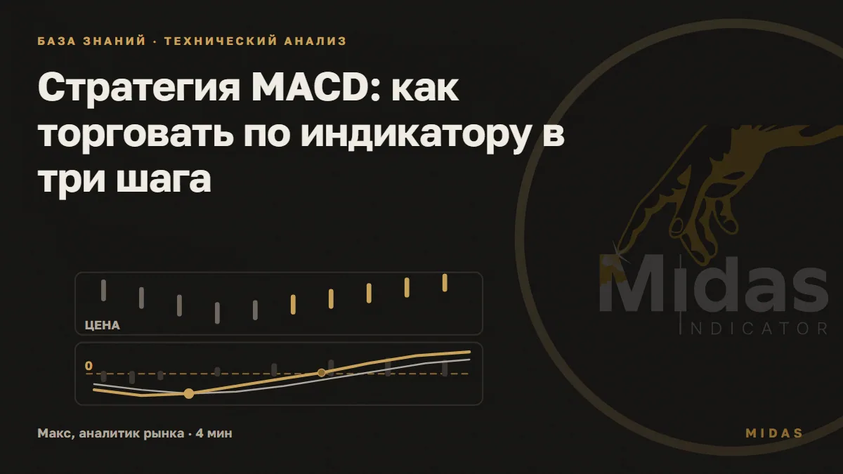 Обложка статьи «Стратегия MACD: как торговать по индикатору в три шага»: Сверху свечи снижения и роста, снизу золотая линия MACD пересекает светлую сигнальную ниже пунктира нуля, затем выходит над нулём; столбики гистограммы меняют знак.