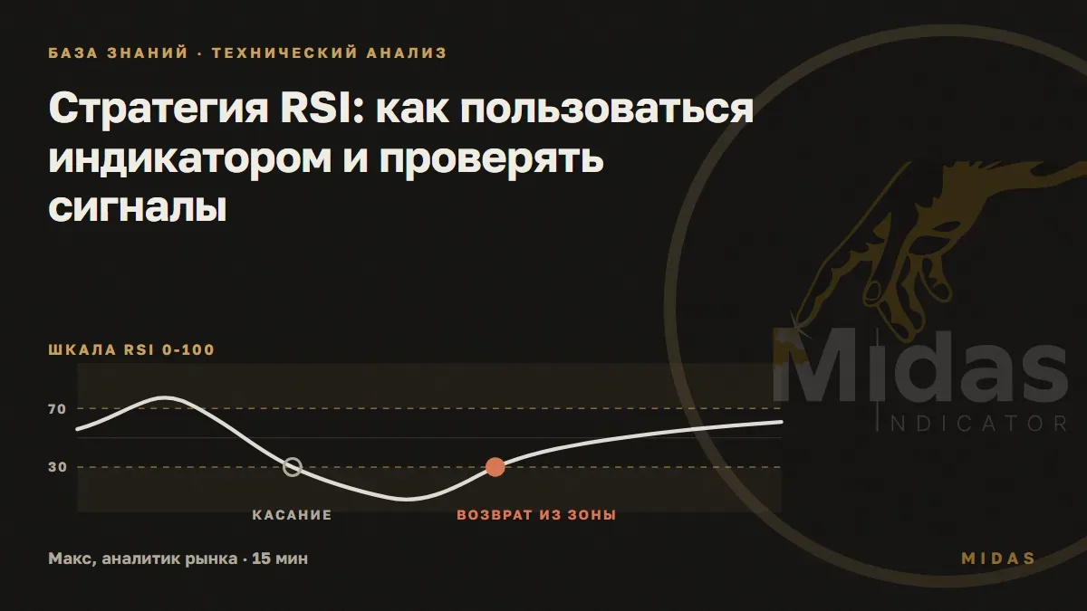 Обложка статьи «Стратегия RSI: как пользоваться индикатором и проверять сигналы»: шкала RSI с уровнями 70 и 30: первое касание нижней зоны отмечено пустым кружком, а возврат линии обратно вверх - закрашенной точкой