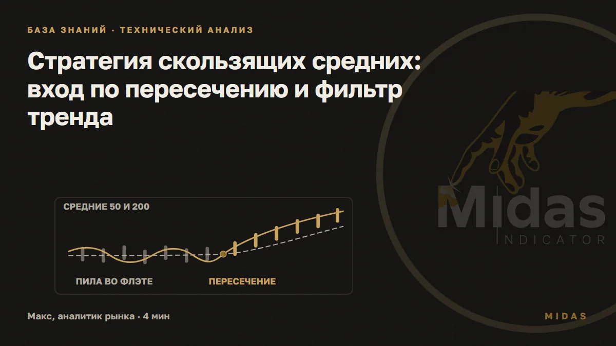 Обложка статьи «Стратегия скользящих средних: вход по пересечению и фильтр тренда»: Быстрая золотая средняя во флэте несколько раз пересекает пунктирную медленную, затем пересекает её один раз и уходит вверх вместе с золотыми свечами.