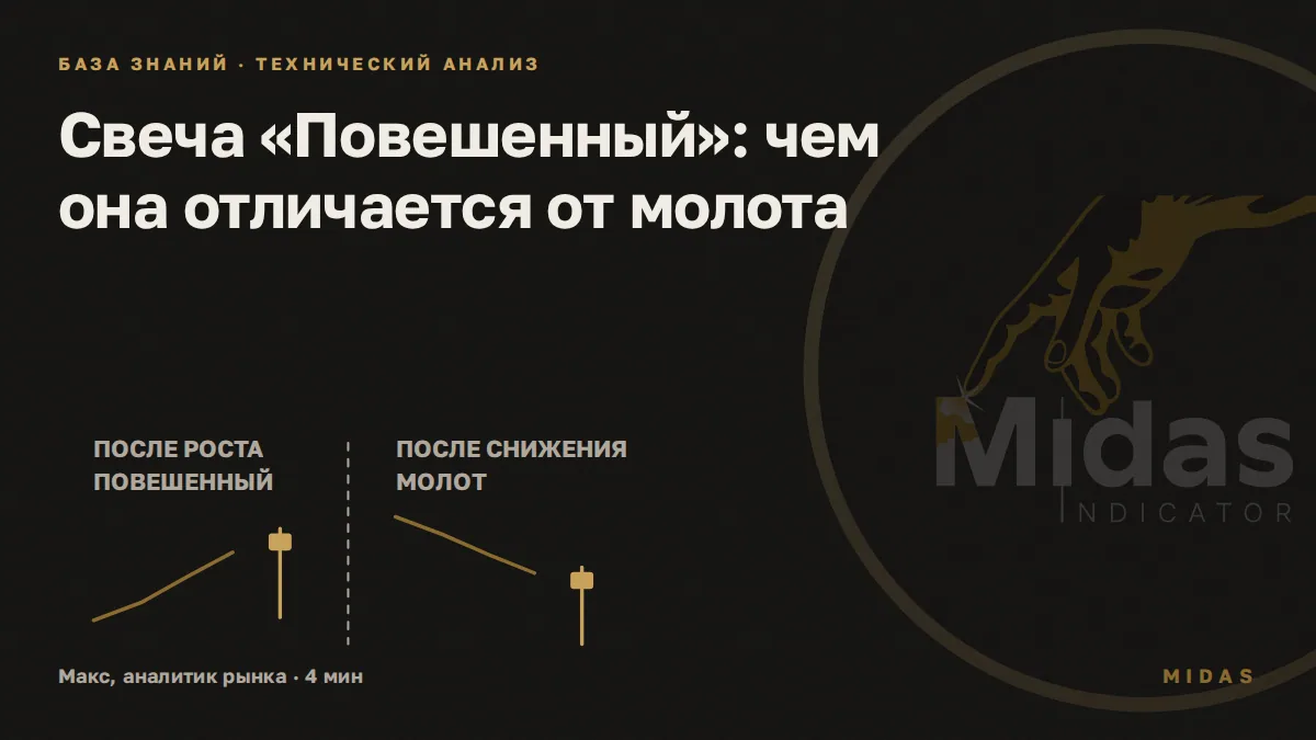 Обложка статьи «Свеча «Повешенный»: чем она отличается от молота»: Одна и та же свеча с маленьким телом и длинной нижней тенью: слева после роста это Повешенный, справа после снижения это молот.