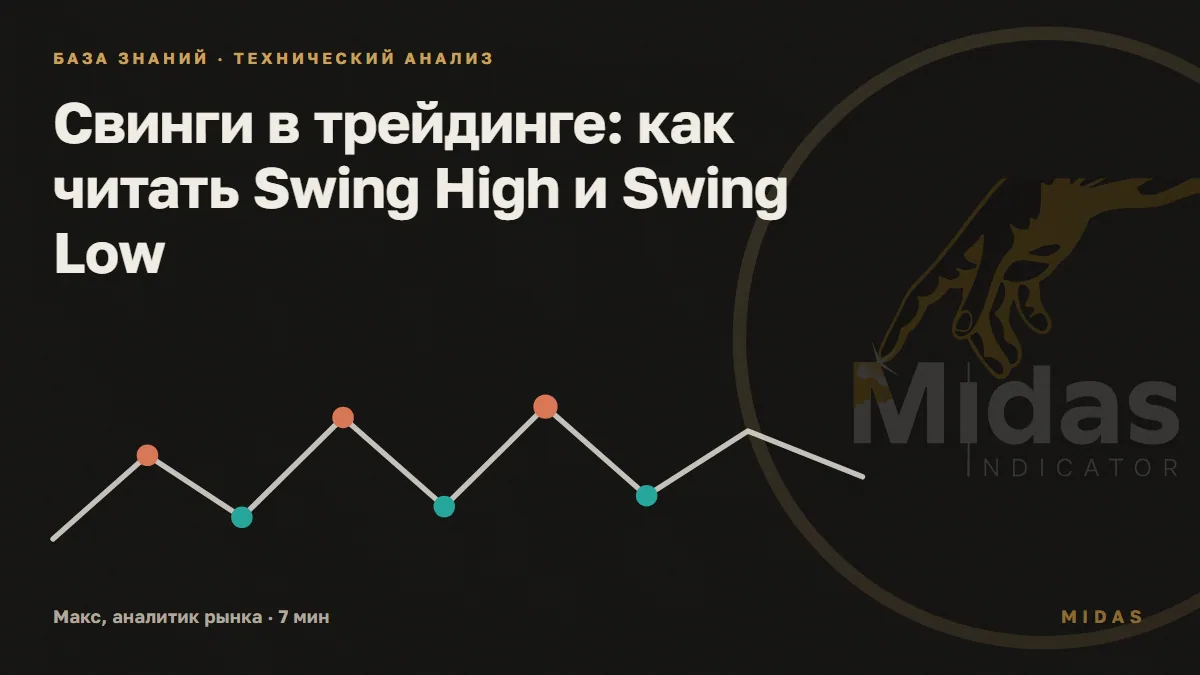 Обложка статьи «Свинги в трейдинге: как читать Swing High и Swing Low»: зигзаг цены с отмеченными вершинами и низами свингов