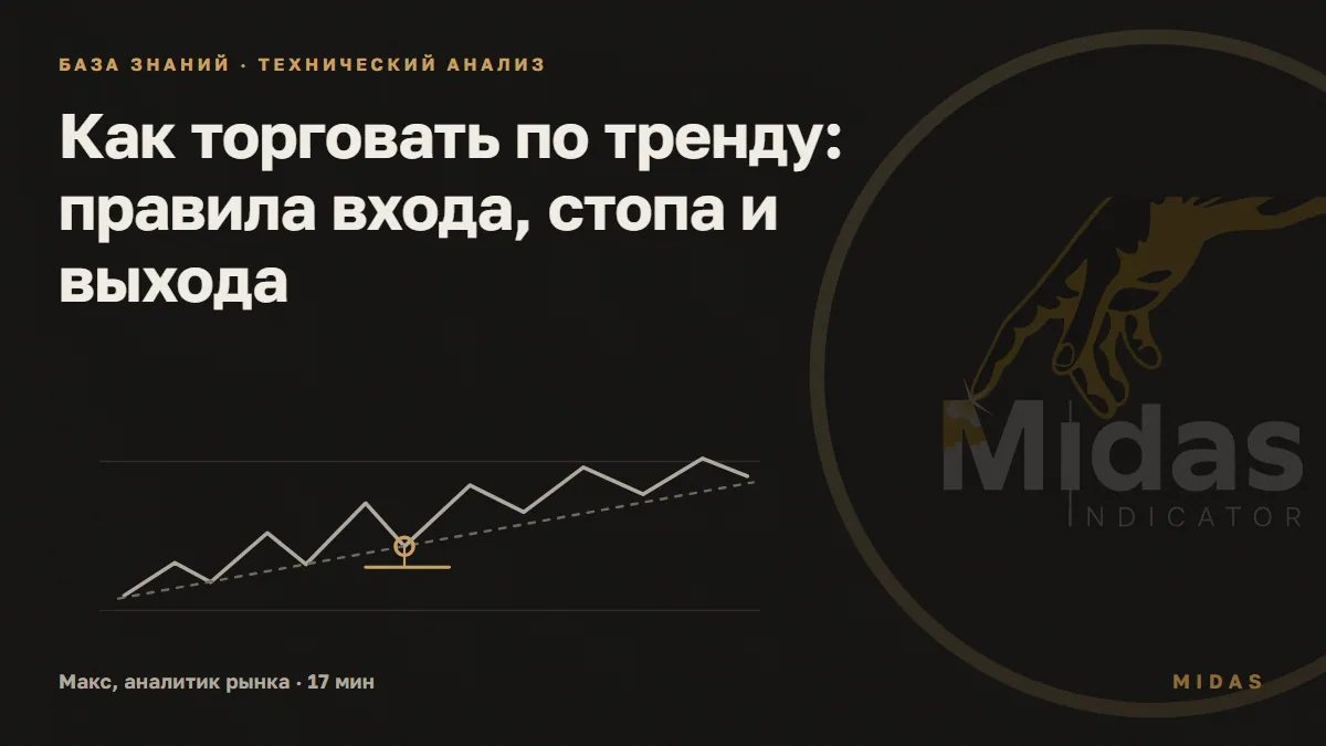 Обложка статьи «Как торговать по тренду: правила входа, стопа и выхода»: условная растущая линия цены со ступенями повышающихся максимумов и минимумов, пунктир линии тренда по минимумам, золотой круг на точке отбоя и золотая черта уровня стопа под ним; без чисел