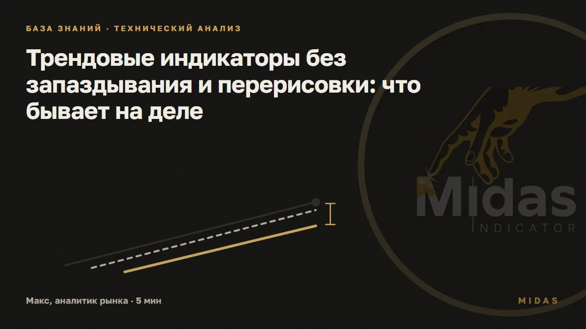 Обложка статьи «Трендовые индикаторы без запаздывания и перерисовки: что бывает на деле»: тёмная линия цены ровно растёт, рядом светлая пунктирная быстрая средняя, ниже золотая медленная средняя, золотая скобка справа показывает её отставание от цены