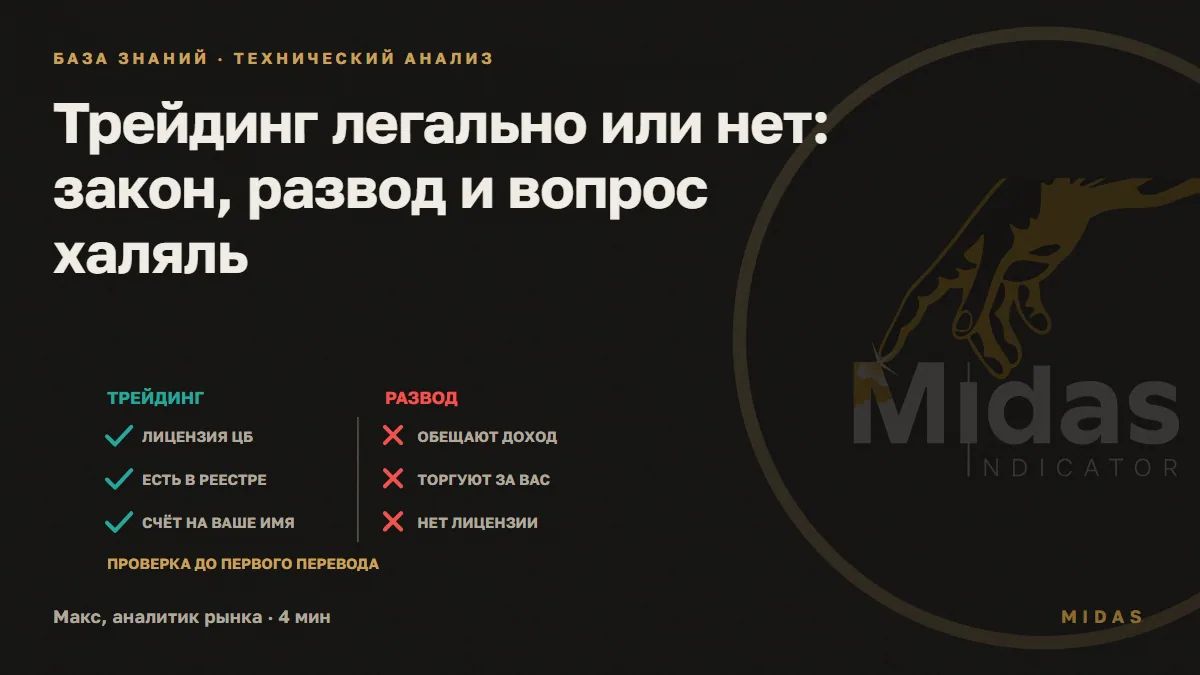Обложка статьи «Трейдинг легально или нет: закон, развод и вопрос халяль»: Слева признаки законной торговли: лицензия Банка России, запись в реестре, счёт на ваше имя. Справа признаки развода: обещанный доход, торговля за вас, нет лицензии.