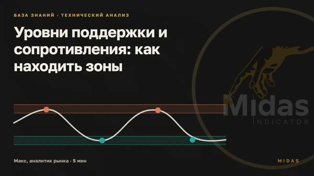 Обложка статьи «Уровни поддержки и сопротивления: как находить зоны»: две горизонтальные зоны и касания цены сверху и снизу