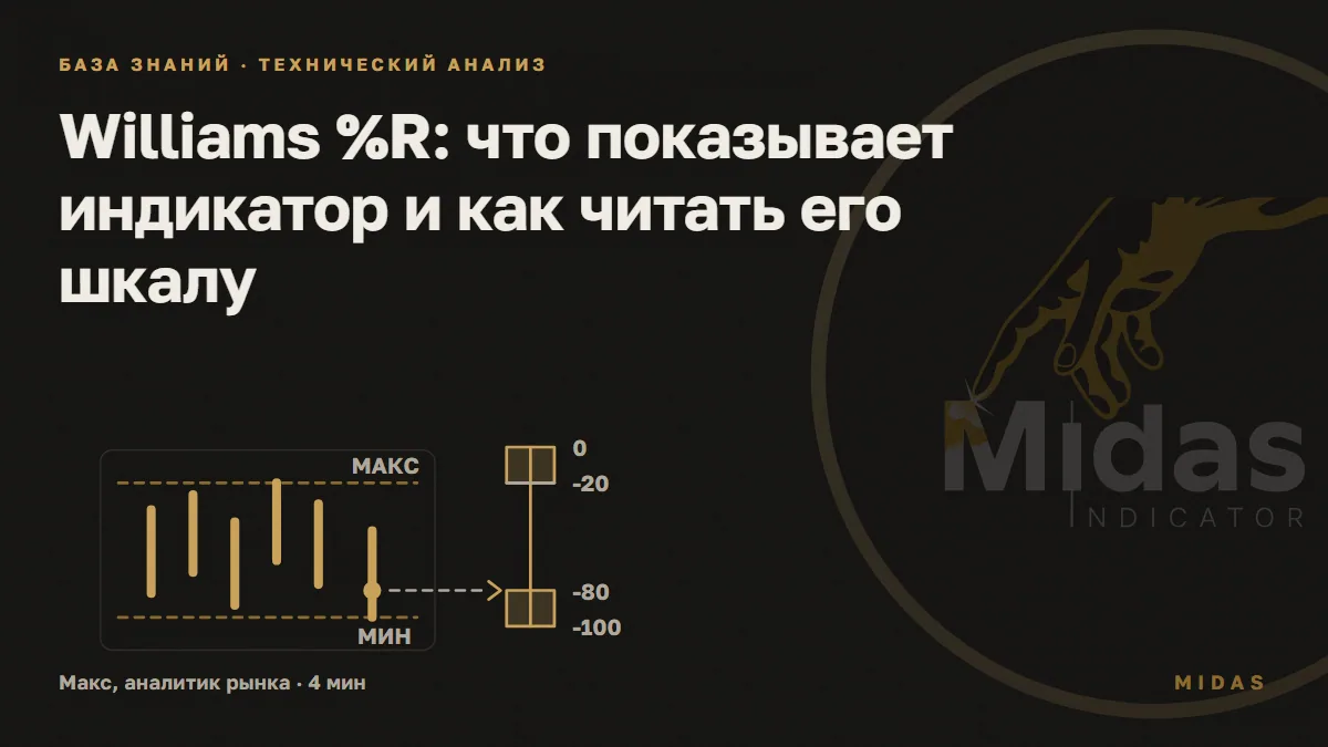 Обложка статьи «Williams %R: что показывает индикатор и как читать его шкалу»: Окно баров с линиями максимума и минимума: закрытие стоит у нижней границы, стрелка ведёт к нижней зоне шкалы от 0 до -100.